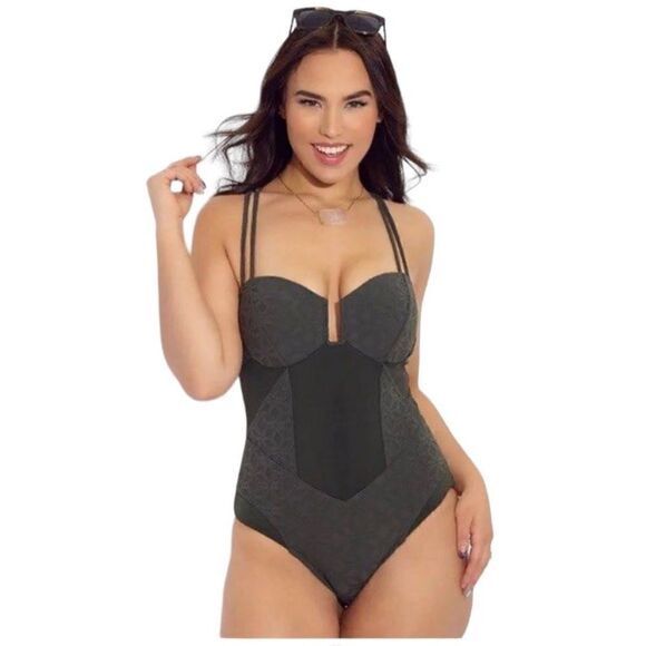 Robyn Lawley Swimsuit (Curves) Olive Green Jacquard Print Size 16 - Picture 2 of 10